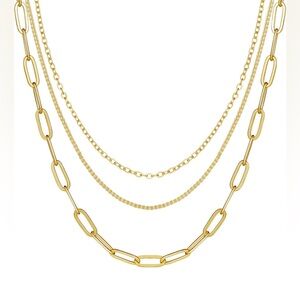 NWT 14K Gold Plated Layered Necklace, Paperclip Simple Chain Necklace